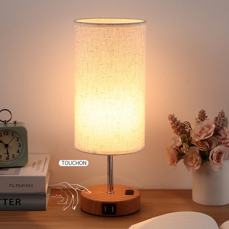 Desk Lamp USB Charging Ports, Gray Beige Bedside Lamp with AC Socket, Bedside Lamp with Zipper Switch, Minimalist Modern Desk Lamp with Fabric Shade, Suitable for Living Room Bedroom Office4