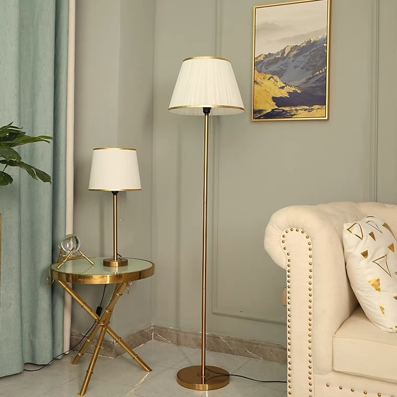 Modern Floor Lamp for Living Room, Height Adjustable Standing Lamp with Brass Base, Gold Brass Tall Post Light with White Linen Shade for Reading, Bedroom, Pull Chain Switch, Bulb Included3