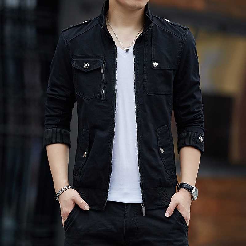 Men's Lightweight Jacket Summer Jacket Utility Jacket Transition Jacket Office & Career Daily Wear Warm Pocket Fall Winter Solid / Plain Color Stylish Warm Ups Stand Collar Regular Black Red Khaki4