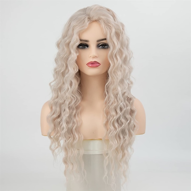Long Curly Synthetic Wigs for Women White Pink Loose Wave Hair Repalcement Wig Fluffy Curls Daily Party Wig Long Wavy Wig Christmas Party Wigs