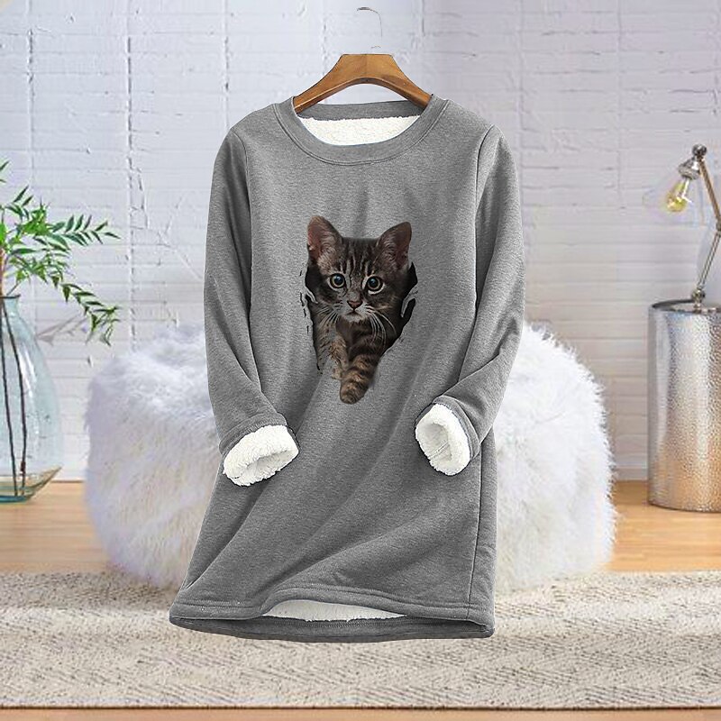 Women's Sweatshirt Pullover Sherpa Fleece Teddy Black Blue Red Cat Dailywear Round Neck Long Sleeve Fleece S M L XL 2XL 3XL / Fleece lined4