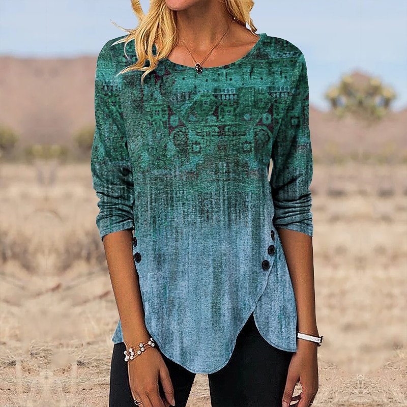 Women's Tunic T Shirt Graphic Vintage Tunic Ethnic Long Sleeve Round Neck Regular Tops Holiday Weekend Print Maroon Blue Green Gray Fall & Winter3