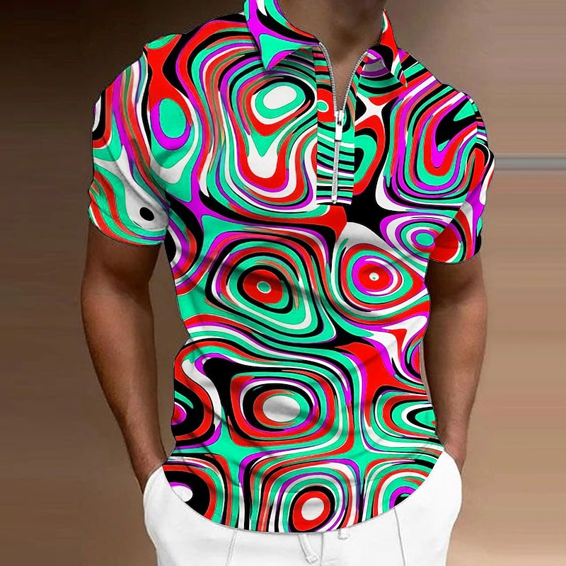 Men's Graphic Zip Polo Shirts Golf Shirt Short Sleeve Polo Shirts Collared Shirts Casual Vacation Wear Rave Wear Party Outfits 3D Print Quarter Zip Polo Sea Blue Red Blue4