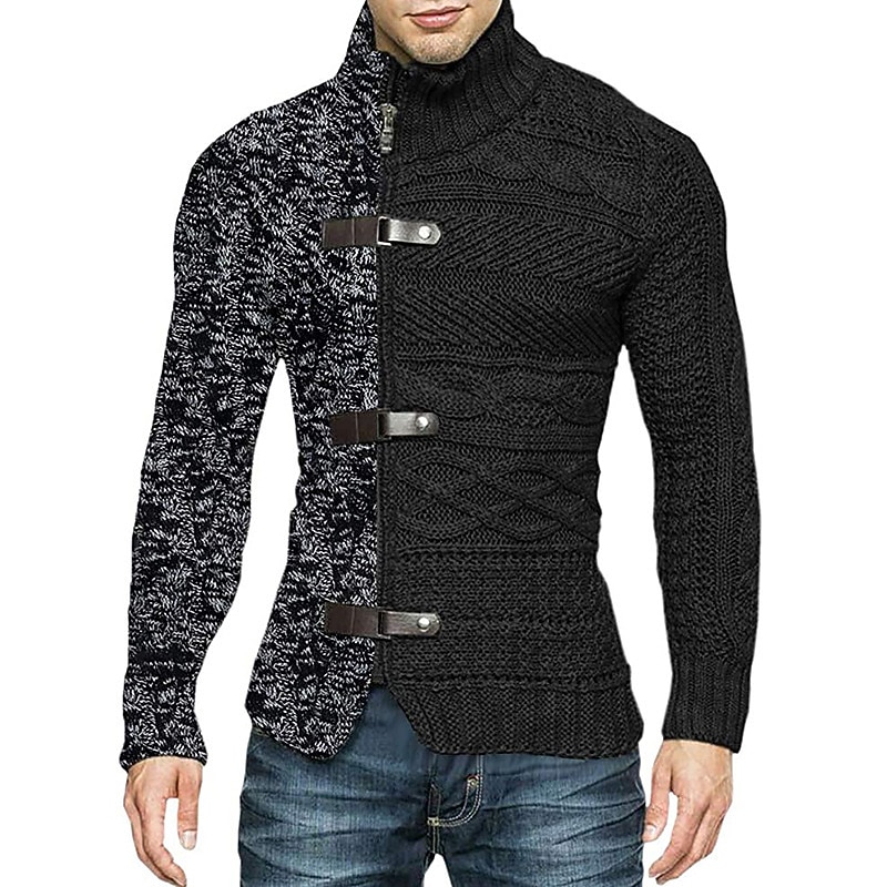 Men's Cardigan Sweater Ribbed Knit Cropped Knitted Standing Collar Warm Ups Modern Contemporary Daily Wear Going out Clothing Apparel Spring &  Fall Black White M L XL3