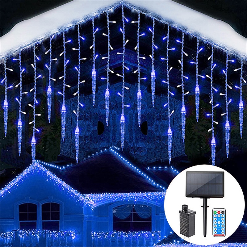 Christmas Icicle String Lights Outdoor Solar and Plug in 8 Modes 5M 216LED 3.5M 96LED Remote Control 24V Plug in String Lights LED Curtain Fairy String Light For Garden Party Timing Dimming3