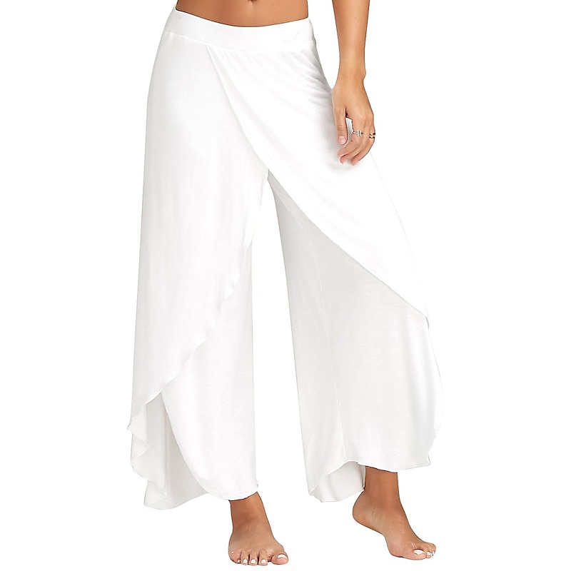 Women's Culottes Wide Leg Chinos Ruffle Layered Stretchy Mid Waist Basic Casual / Sporty Casual Daily Black White S M Summer Spring & Fall