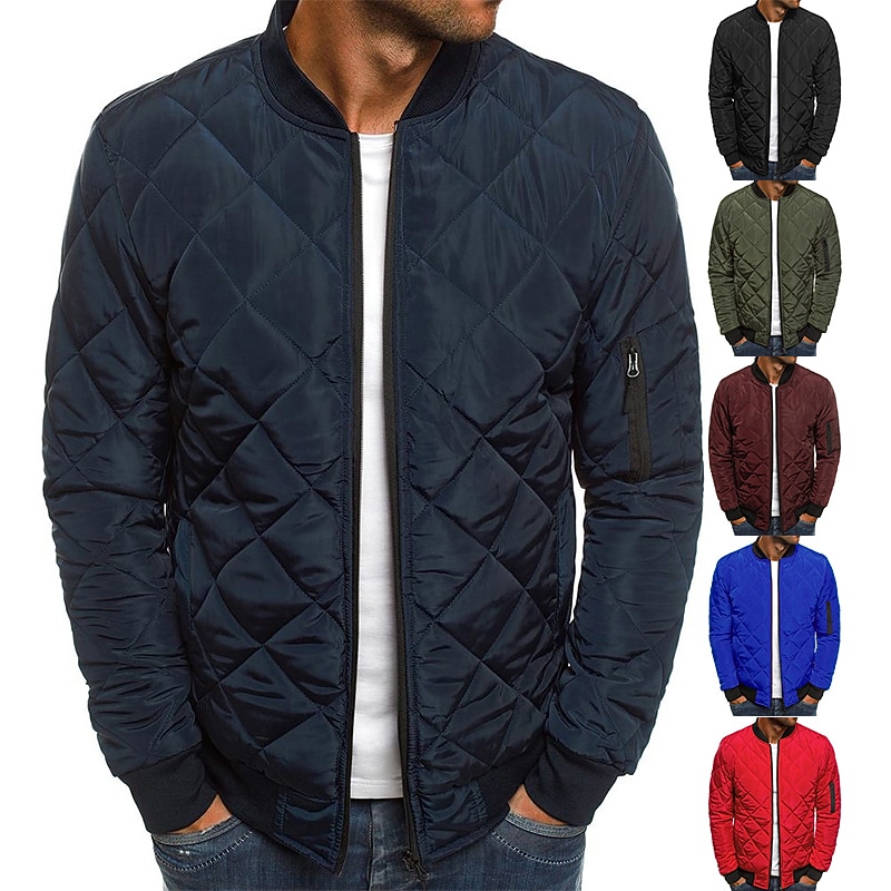 Men's Bomber Quilted Jacket Diamond Padded Jacket Winter Outdoor Chunky Varsity Flight Windproof Warm Trench Coat Top Quilted Seams Cotton Outwear Overcoat Full Zipper Camping Hiking Hunting Fishing