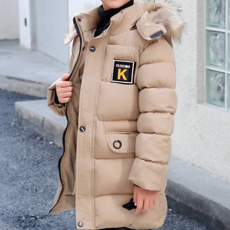 Kids Boys' Down Coat Hoodie Jacket Puffer Jacket Outerwear Solid Color Long Sleeve Pocket Coat Outdoor Cool Daily Black Khaki Fall Winter 7-13 Years2
