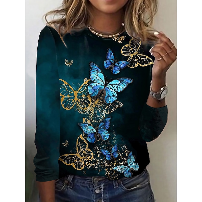 Women's T shirt Crew Neck Long Sleeve Tunic Vintage Basic Butterfly Print Regular Tops Round Neck Daily Weekend Pink Blue Purple Brown Green Fall & Winter