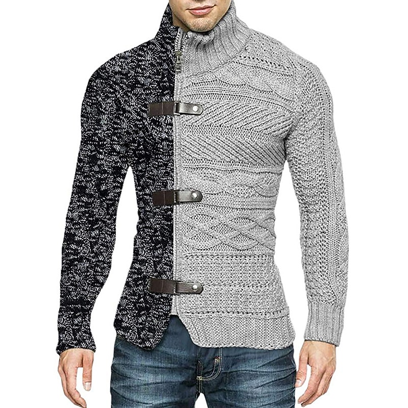 Men's Cardigan Sweater Ribbed Knit Cropped Knitted Standing Collar Warm Ups Modern Contemporary Daily Wear Going out Clothing Apparel Spring &  Fall Black White M L XL2