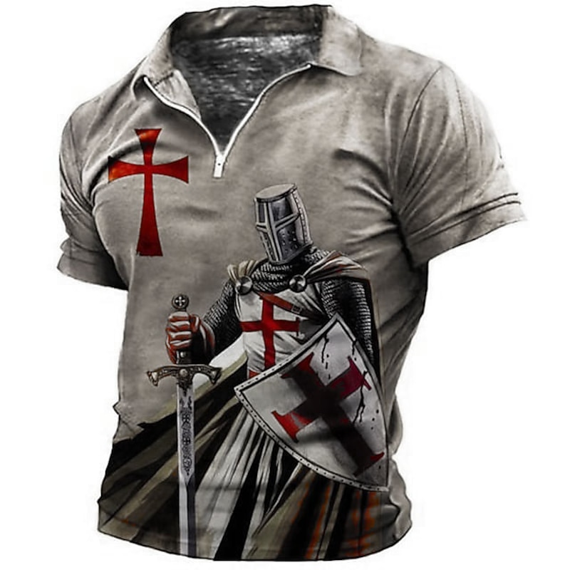 Men's Knights Templar Zip Polo Shirts Golf Shirt Short Sleeve Polo Shirts Collared Shirts Vintage Casual Vacation Wear Festival Wear Party Outfits 3D Print Quarter Zip Polo Blue Green Khaki4