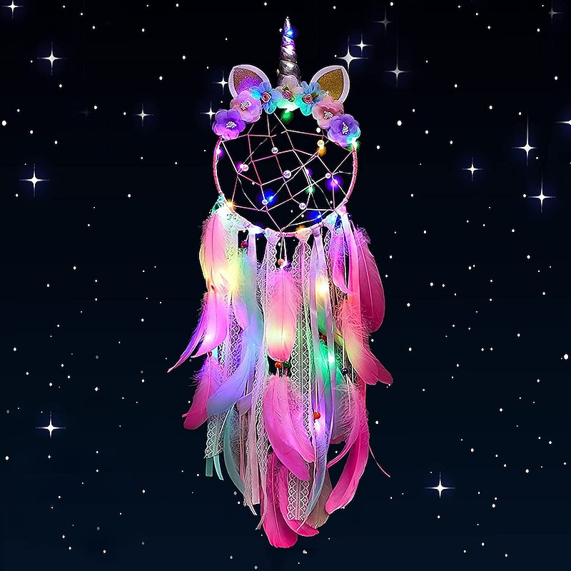 Unicorn Dream Catcher with Colorful LED Light for Girls Boys Bedroom Wall Decor Hanging Ornament Festival Gift (Pink)