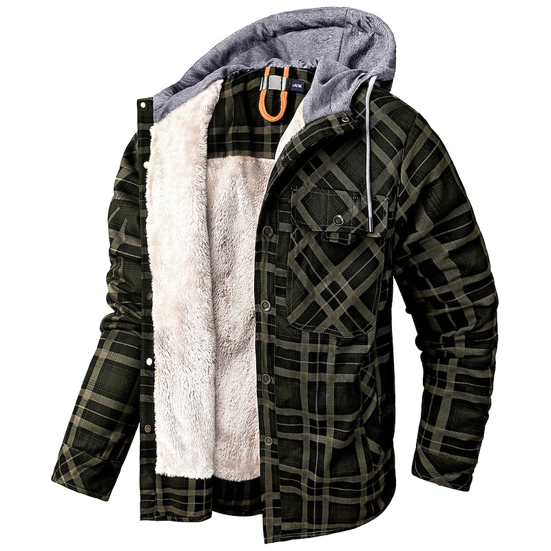 Men's Winter Jacket Shacket Flannel Fleece Jacket Daily Wear Vacation Durable Casual / Daily Pocket Spring Fall Plaid Warm Ups Comfort Hooded Regular Red Blue khaki Military Green Coffee Jacket3
