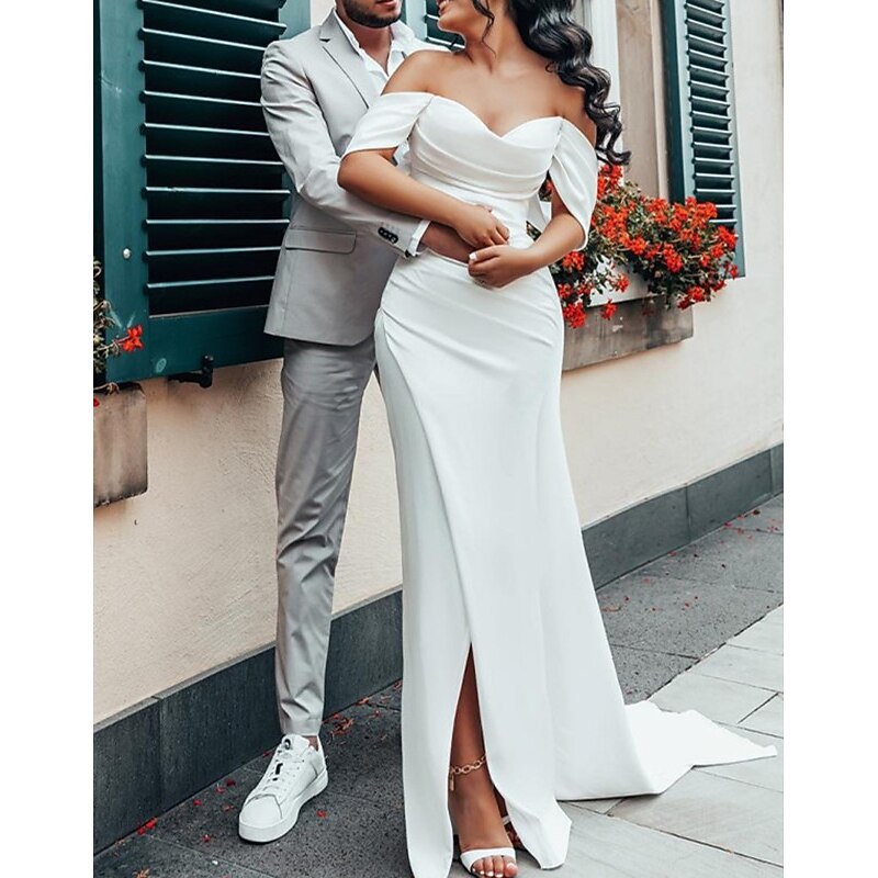 Hall Casual Simple Wedding Dresses Sheath Off Shoulder Cap Sleeve Court Train Satin Bridal Gowns With Ruched Split Front