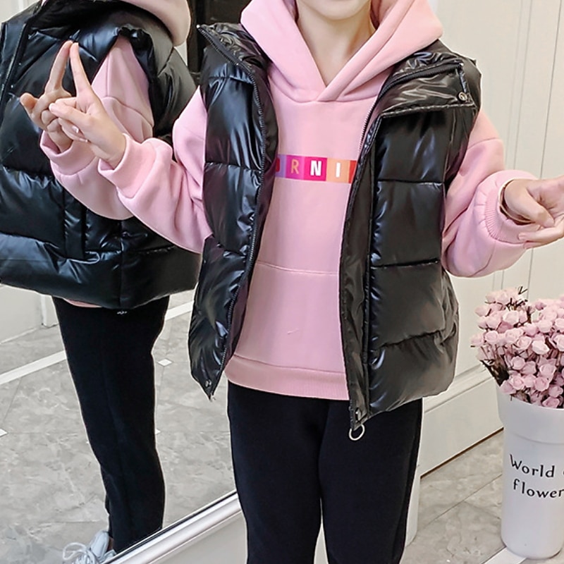 Kids Girls' Down Jacket Vest Coat Puffer Jacket Kids Puffer Jacket Fashion School Coat Outerwear 7-13 Years Fall Black Silver Champagne