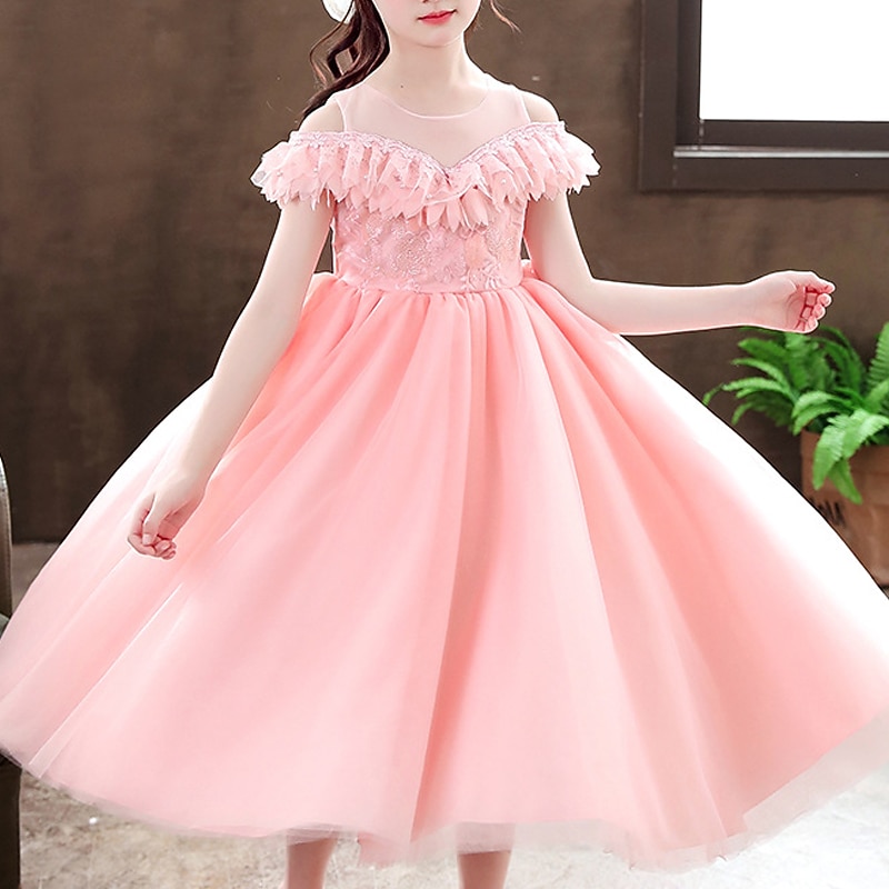 Kids Girls' Party Dress Solid Color Long Sleeve Special Occasion Princess Polyester Party Dress Summer Spring 4-13 Years White Champagne Pink4