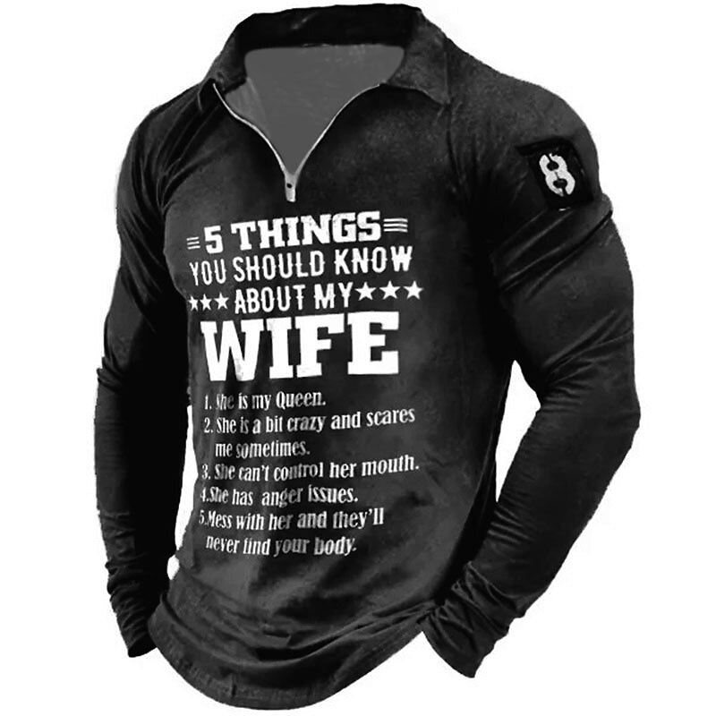 Men's Long Sleeve Quarter-Zip Tee, Funny 5 Things You Should Know About My Wife Graphic Shirt, Humorous Family Relationship Gift2