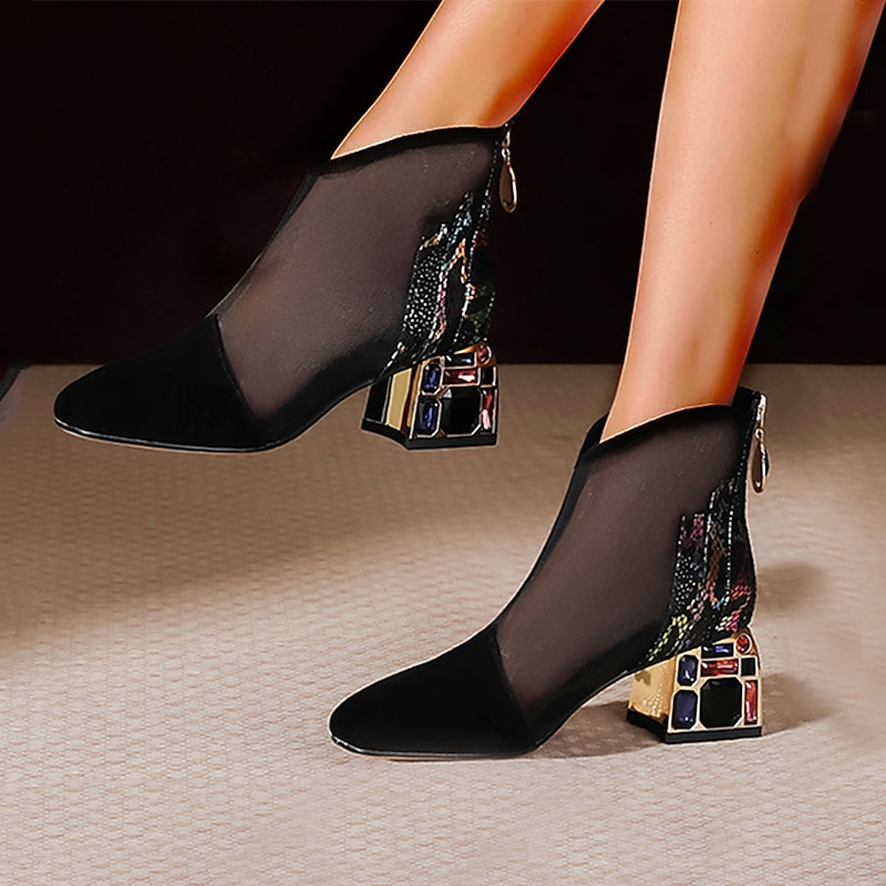 Women's Mesh Ankle Boots with Rhinestone-Embellished Block Heel - Stylish and Breathable Booties for Evening Parties and Special Occasions2