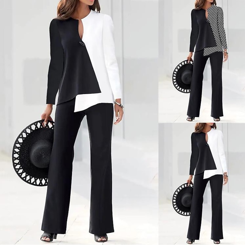Women's Vintage Business Office Suit Dress Pants Long Sleeve V Neck Printing Patchwork Work Black White Fall & Winter4
