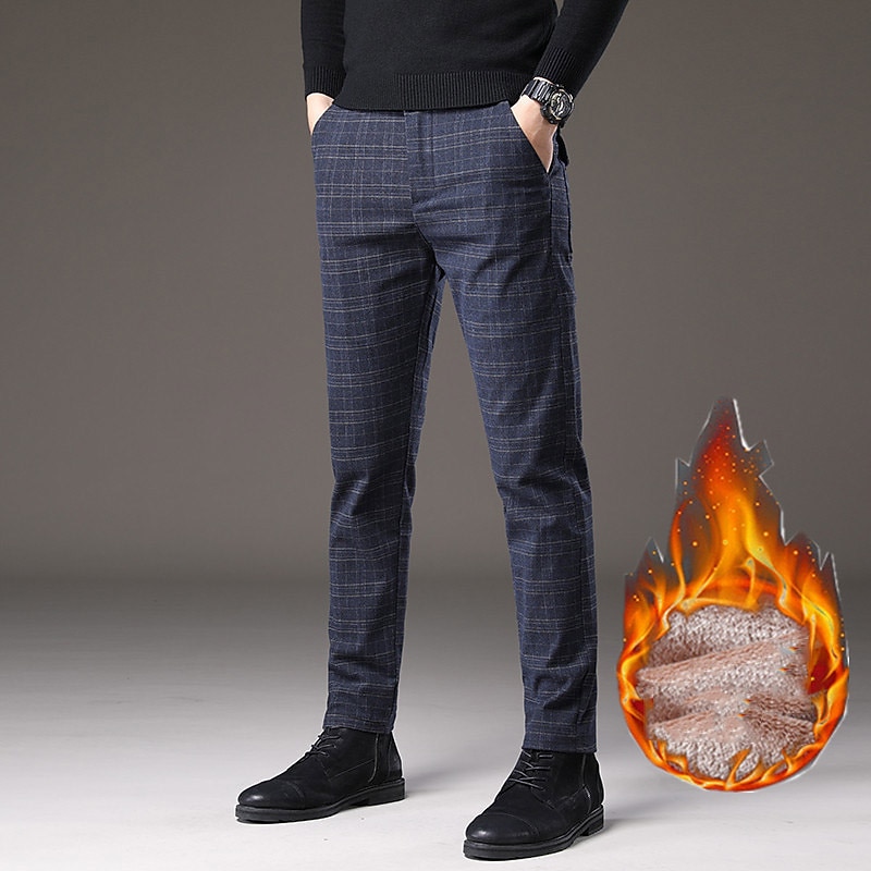 Men's Fleece Pants Winter Pants Trousers Chinos Plaid Dress Pants Pocket Elastic Waist Plaid Comfort Breathable Daily Holiday Going out Streetwear Classic Style Black Blue Micro-elastic3