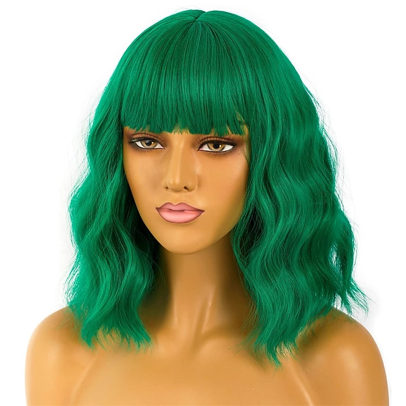 Short Bob Wigs with Bangs for Women Loose Wavy Green Wig Curly Wavy Shoulder Length Bob Synthetic Cosplay Wig for Girl Colorful Christmas Party Wigs St.Patrick's Day Wigs2