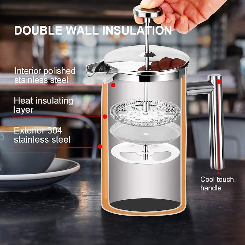 French Press Coffee Maker, Stainless Steel Double Walled Insulated Coffee Press with Fine Filters, Espresso & Tea Maker3