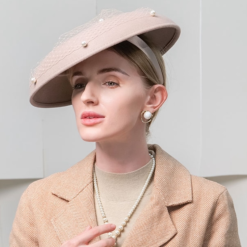 Fashion Elegant Tulle / 100% Wool Hats with Pearls / Tulle 1PC Party / Evening / Holiday Headpiece / Straw Hats with Satin Bowknot Casual / Holiday Headpiece/ Sun Protection3