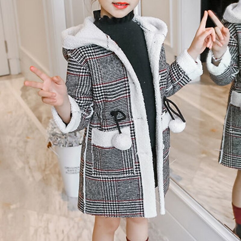 Kids Girls' Woolen Coat Long Sleeve Pink khaki White Plaid Winter Fall Fashion Outdoor 7-13 Years2