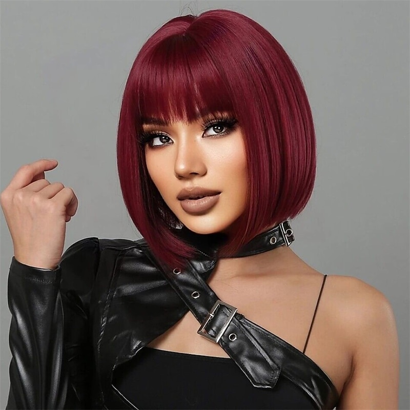 Fashion Bobo Wig European and American Wig Women's Short Straight Hair Wine Red Hair with Fringe Mechanism Chemical Fiber Headgear Wigs Christmas Party Wigs
