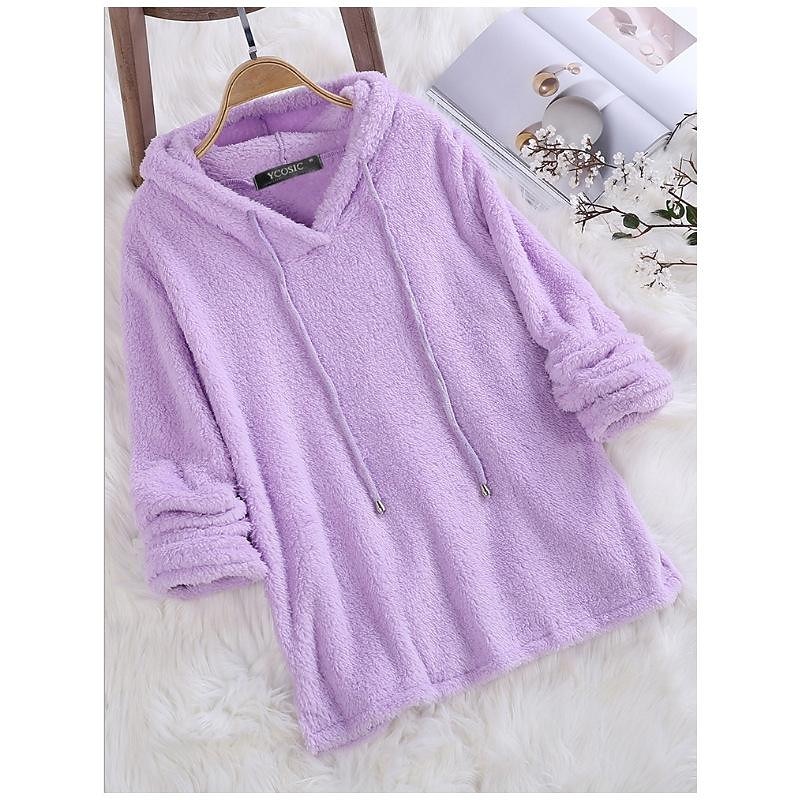 Women's Solid Color Teddy Sherpa Fleece Long Sleeve Hoodie Regular Tops Street Casual Drawstring White Pink Red Blue Purple Fall & Winter3