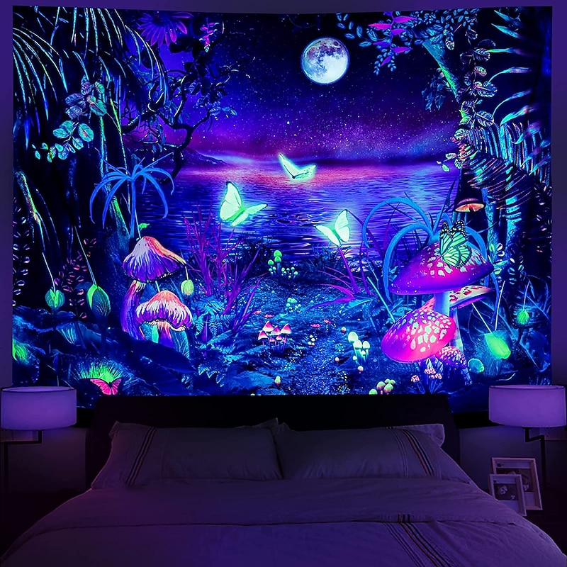 Blacklight Tapestry UV Reactive Glow in the Dark Glow Party Neon Butterflies Psychedelic Trippy Misty Hanging Tapestry Wall Art Mural for Living Room Bedroom4