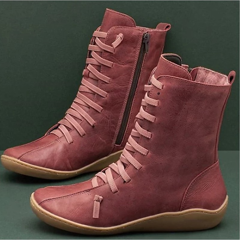 Women's Casual Flat Lace-Up Boots with Side Zipper – Soft Faux Leather Mid-Calf Shoes for Walking, Travel, and Fall Outfits3