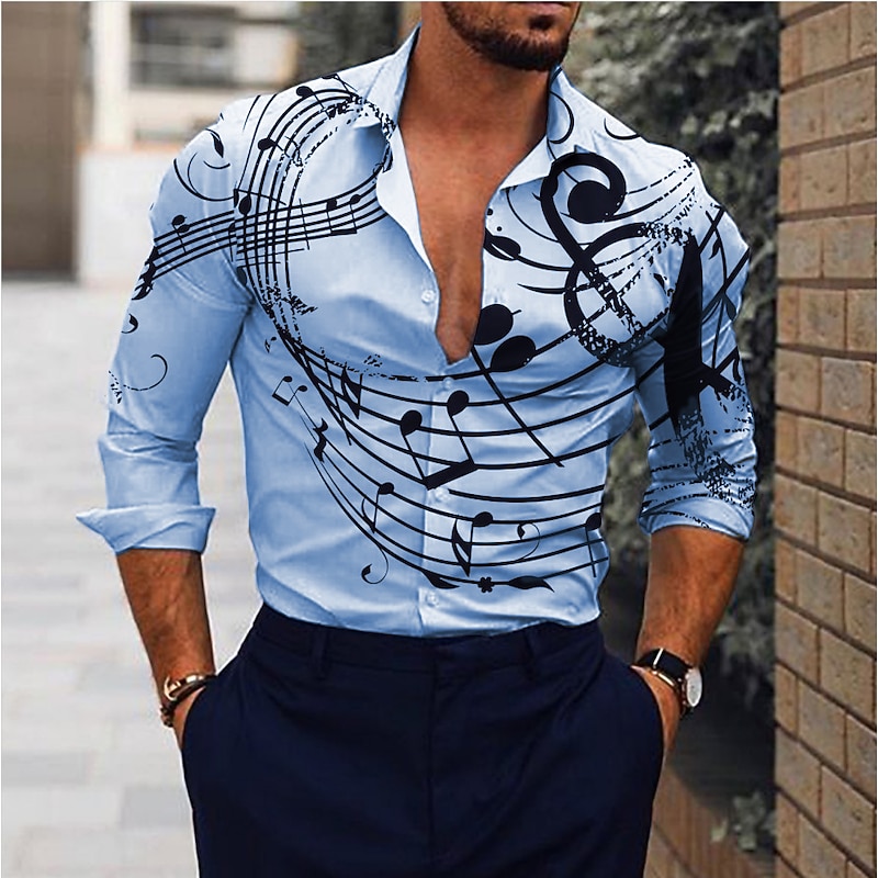 Men's Boardmasters Music Notes Shirt Button Up Shirt Long Sleeve Fashion Designer Casual Outdoor Casual Holiday Summer Spring Turndown Print Button-Down White Pink Blue Purple4