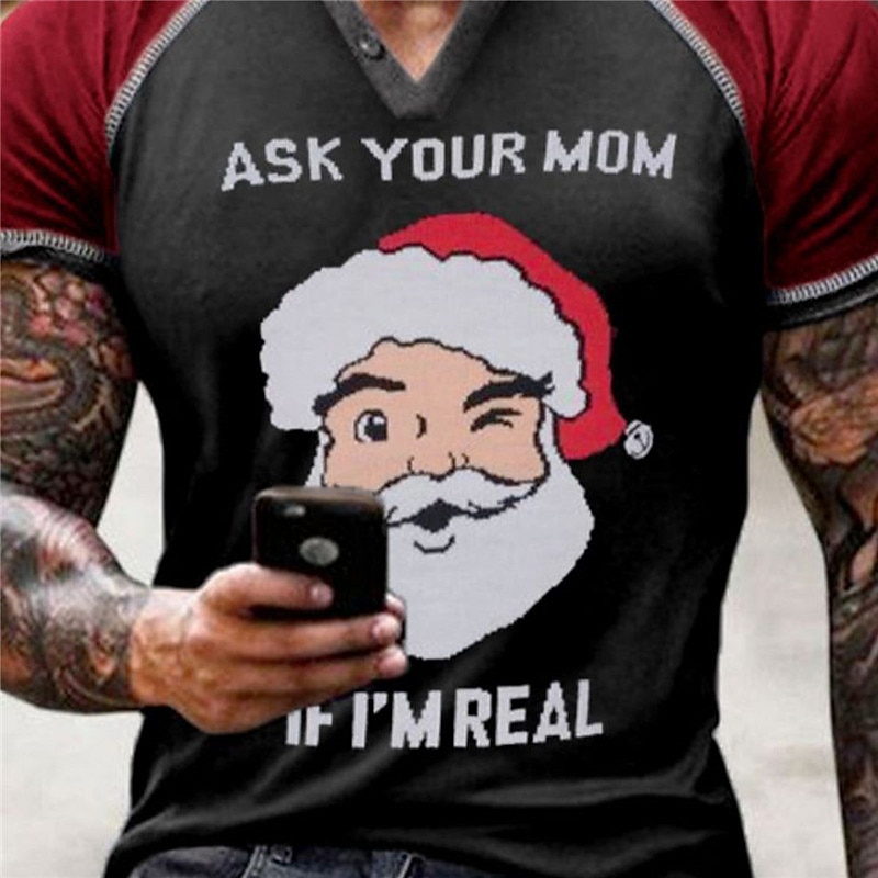 Christmas Men's Santa Claus Henley T Shirt Helper Graphic Tee Color Block Claus Prints V-Neck Red 3D Outdoor Short Sleeve Patchwork Button Down Ask Your Mom If 'M Real Black Cotton Neck Button-Down3