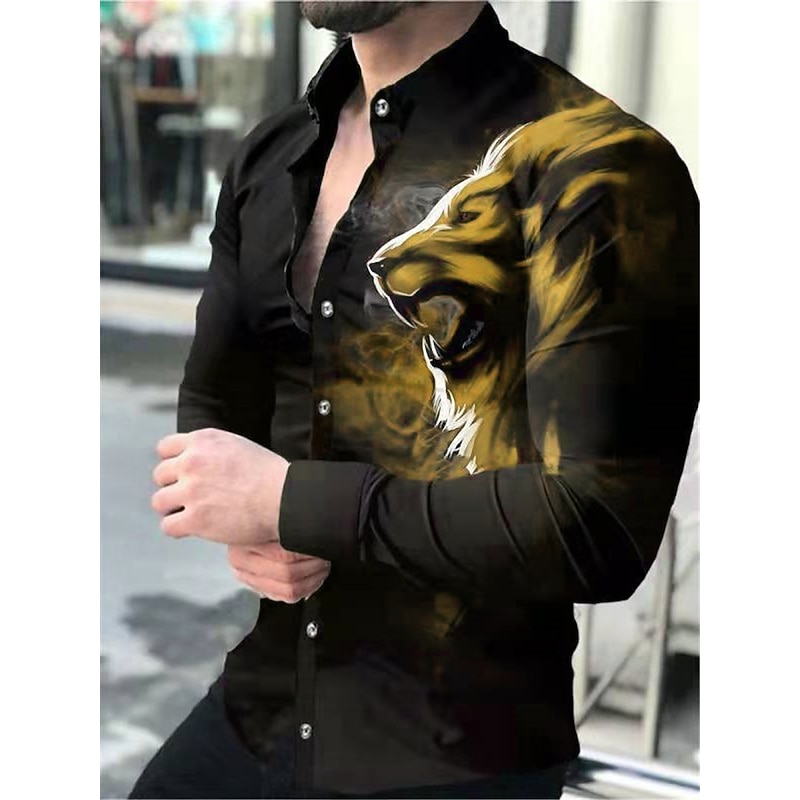Men's Animal Lion Shirt Button Up Shirt Long Sleeve Fashion Designer Casual Daily Holiday Going out Spring & Summer Turndown 3D Print Button-Down Yellow Red Blue Green3