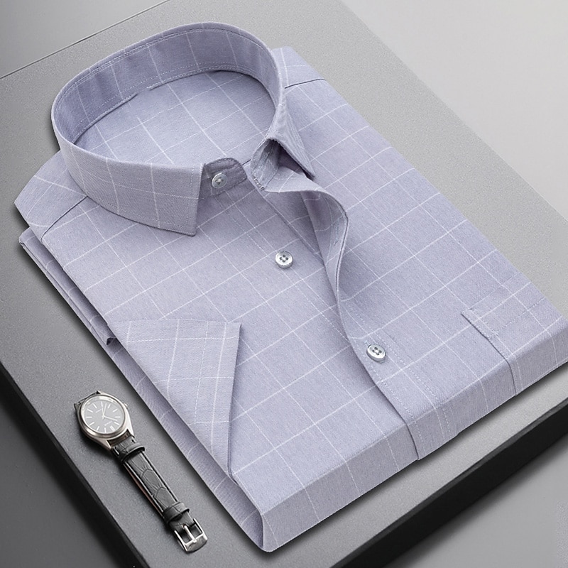 Men's Dress Shirt Non Iron Shirt Plaid / Striped / Chevron / Round Wedding Blue Gray Light Blue Short Sleeve Turndown Summer Spring Clothing Apparel2