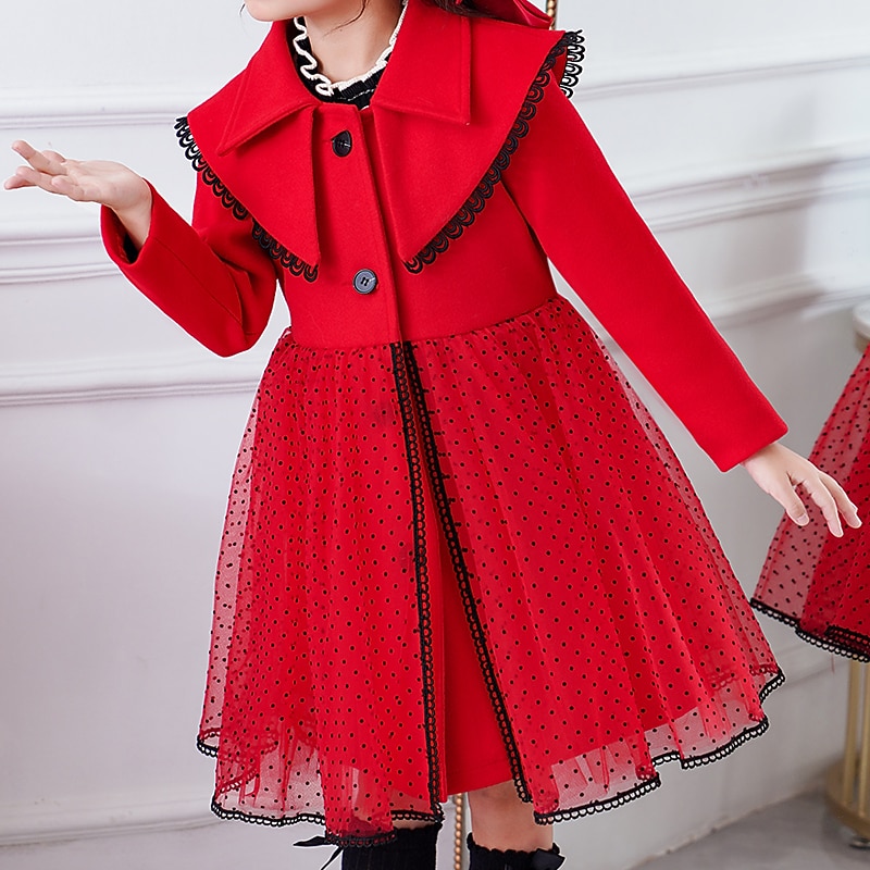 Kids Girls' Trench Coat Coat Woolen Coat Outerwear Polka Dot Plain Long Sleeve Patchwork Coat School Cute Sport Red Beige Winter Fall 4-13 Years