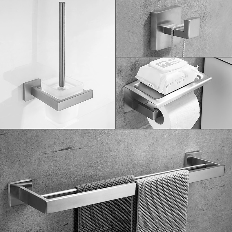 Bathroom Accessory Set 4 Piece Stainless Steel,Wall Mounted Towel Bar,Toilet Paper Holder,Toilet Brush Holder and Robe Hook,Bathroom Hardware Set(Black/Golden/Chrome/Brushed Nickel)