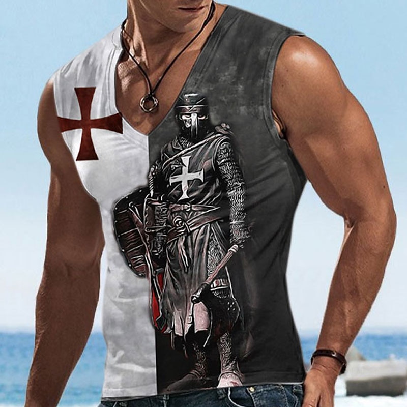 Men's Lion Templar Cross Gothic Horror Graphic Prints Cross Tank Top Sleeveless T Shirt for Men Sleeveless T shirt 3D Print V Neck Shirt Basic Classic Casual Daily Sports Going out Black+White Gray2