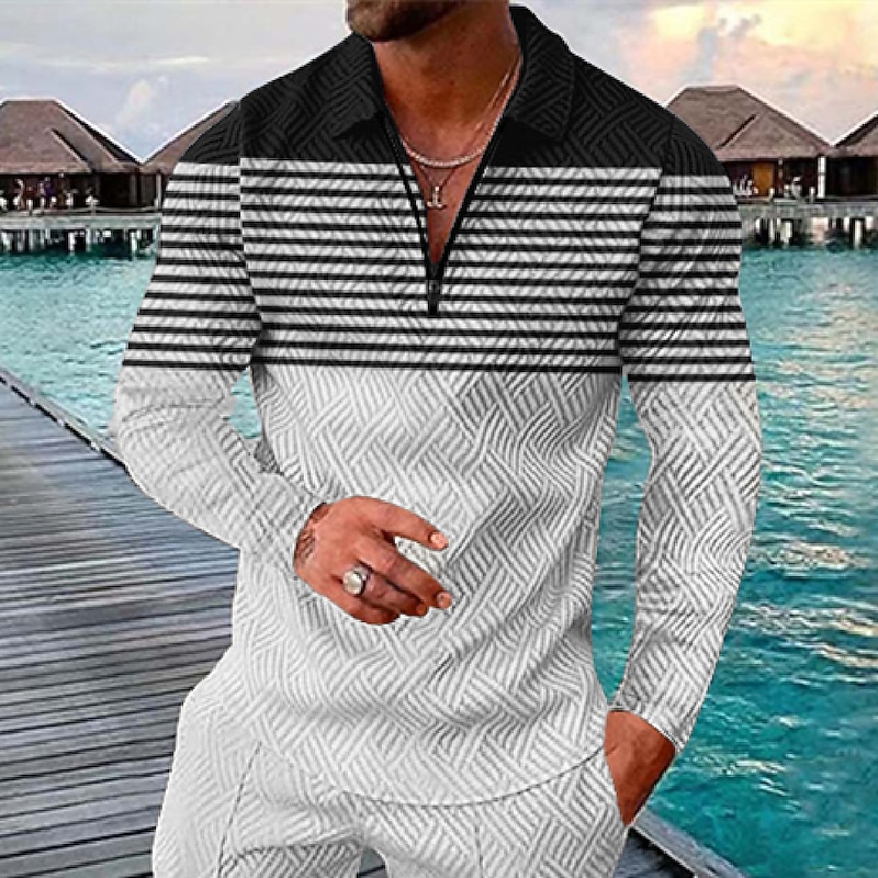 Men's Striped Hawaiian Polo Shirts Golf Shirt Long Sleeve Polo Shirts Collared Shirts Casual Beach Wear Vacation Wear Party Outfits 3D Print Quarter Zip Polo Black Red Navy Blue2