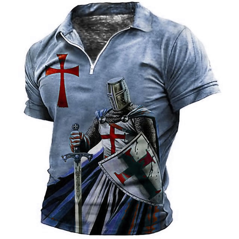 Men's Knights Templar Zip Polo Shirts Golf Shirt Short Sleeve Polo Shirts Collared Shirts Vintage Casual Vacation Wear Festival Wear Party Outfits 3D Print Quarter Zip Polo Blue Green Khaki2