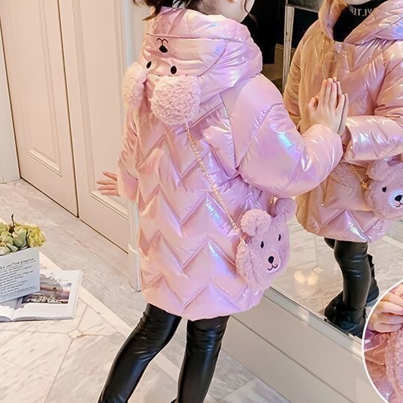 Kids Girls' Down Coat Puffer Jacket Solid Color Fashion Outdoor Cotton Coat Outerwear 4-12 Years Fall Pink Purple2