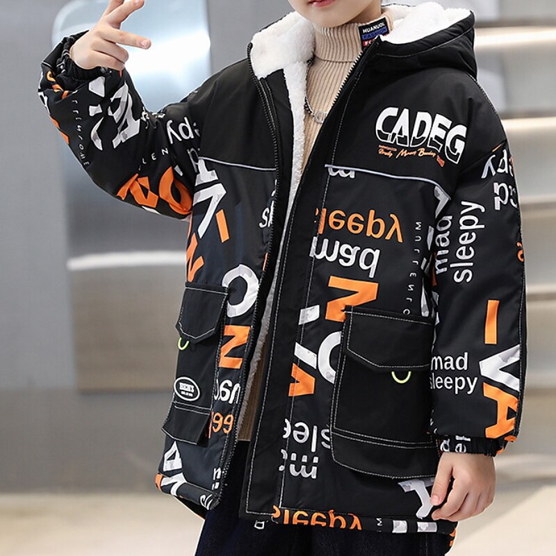 Kids Boys' Parka Outerwear Letter Long Sleeve Coat Outdoor Cotton Fashion Cool Blue Orange Fall Winter 7-13 Years2