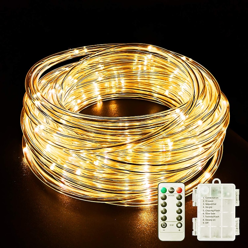 LED Rope Lights LED String Lights Outdoor Waterproof IP65 Christmas Fairy Lights 30m-300Leds 22m-200Leds 12m-100Leds 7m-50Leds 8 Modes Battery Powered
