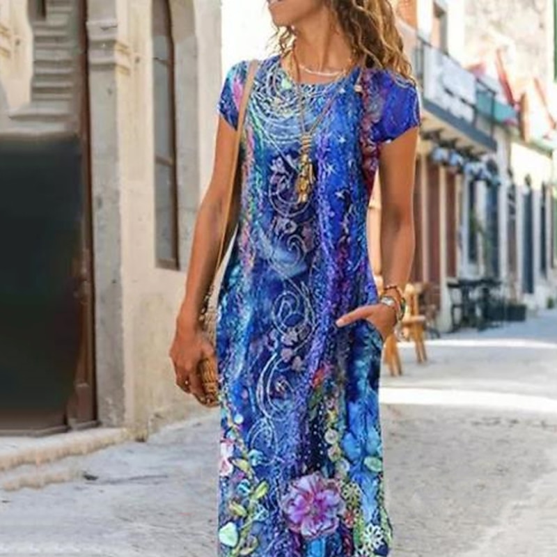 Women's A Line Dress Maxi long Dress Blue Short Sleeve  Pocket Print Summer Round Neck Casual 2023 S M L XL XXL 3XL2