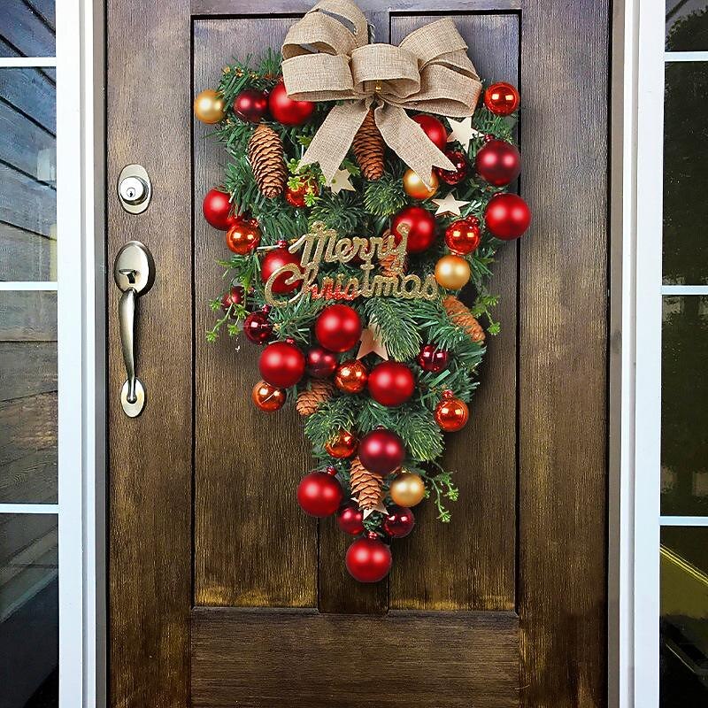 Christmas Swag Wreath Outdoor for Front Door Winter Wreath Window Wall Decoration Ball Upside Down Tree Pendant Creative Window Scene Layout Decoration Bow Rattan Door Hanging