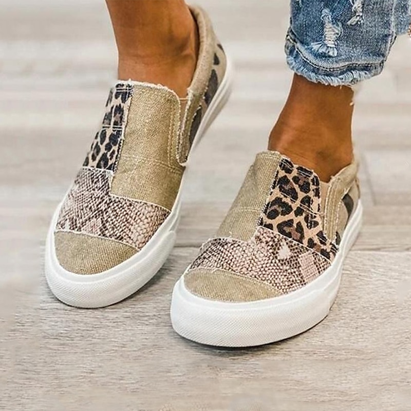 Women's Slip-On Patchwork Sneakers - Casual Leopard Print Canvas Shoes with Snake Pattern Accents for Everyday Wear