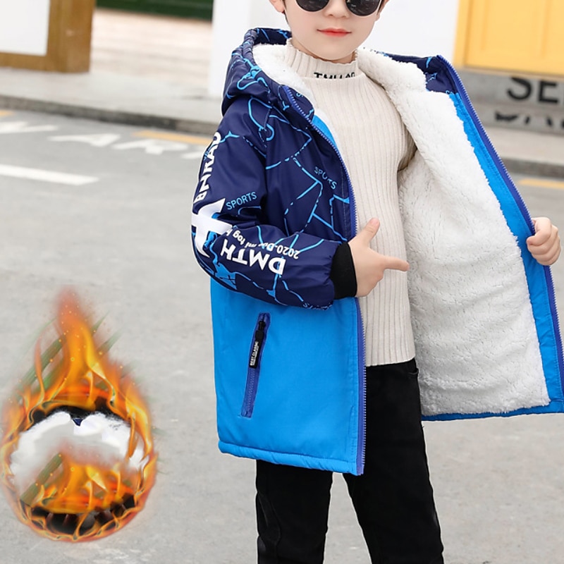 Kids Boys' Down Coat Outerwear Letter Long Sleeve Coat Outdoor Cotton Cool Daily Red Blue Green Fall Winter 7-13 Years