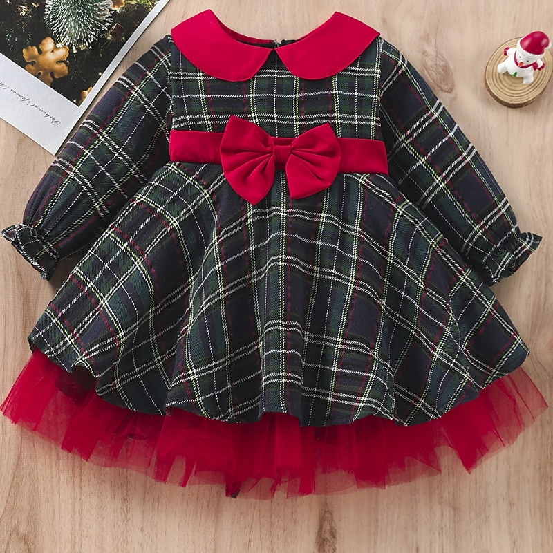 Toddler Girls' Dress Plaid Ugly Long Sleeve Performance Anniversary Pocket Cute Adorable Polyester Party Dress A Line Dress Fall Winter 3-7 Years 4-7 Years Red2