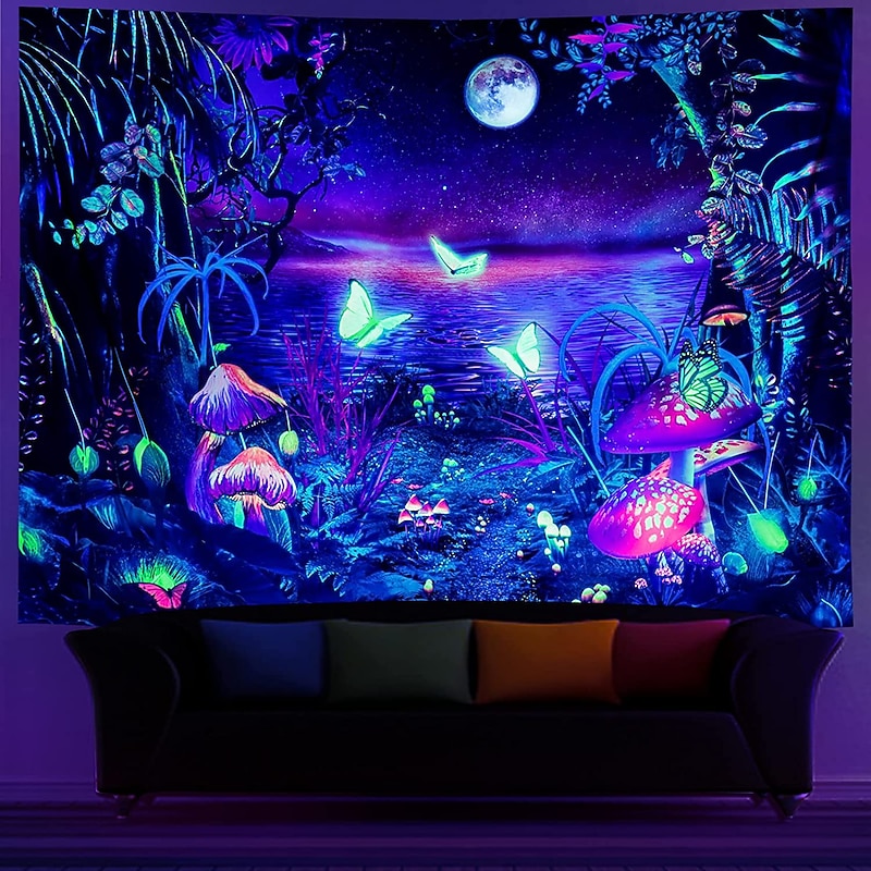 Blacklight Tapestry UV Reactive Glow in the Dark Glow Party Neon Butterflies Psychedelic Trippy Misty Hanging Tapestry Wall Art Mural for Living Room Bedroom